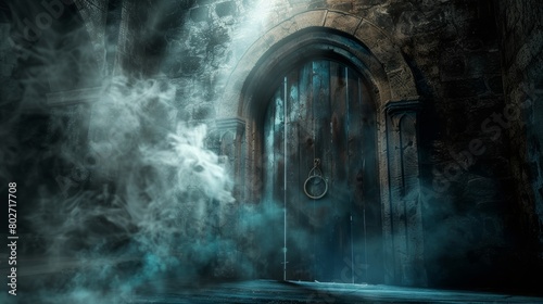 Mysterious light seeping through an opened door in a dungeon  ring gate visible in the background  enveloped in smoke and darkness