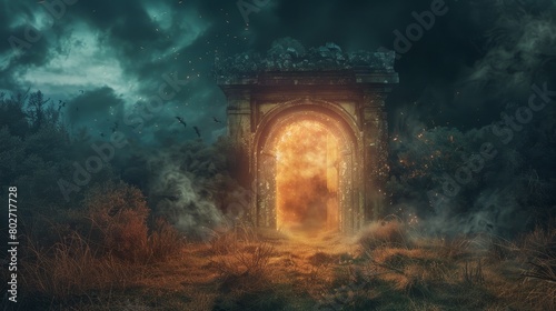 Mysterious open gate dividing heaven and hell, casting a bright light in a dark night field, with souls appearing in the smoke-filled air