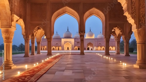 : A serene evening at Badshahi Mosque, adorned with intricate architectural details  photo