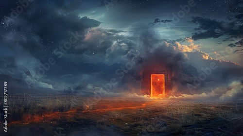 Mystical depiction of hell and heaven gates, set in an open field under a night sky, shrouded by mist, cobwebs, and a red glowing door set ablaze with flame