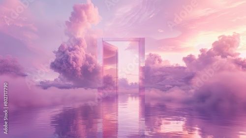 Mystical door opening to a serene landscape with clouds reflected in a tranquil lake, sky in pastel pink and purple tones photo