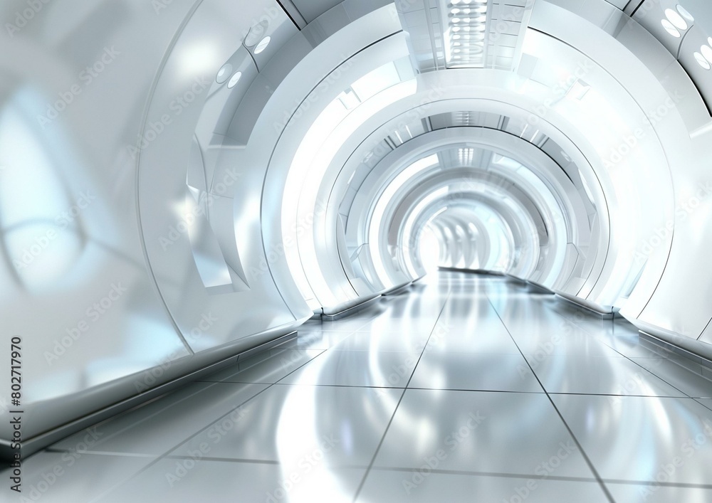 Futuristic White Circular Tunnel Interior Design with Reflective Floor Futuristic White Circular Tunnel Interior Design with Reflective Floor