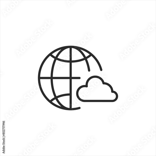 A minimalist icon depicting a globe with a cloud, symbolizing weather forecasting and environmental data on a global scale. Ideal for topics related to climate change, technology. Vector illustration