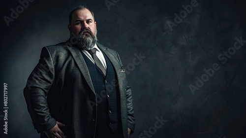 Fat chubby man with a beard in a three-piece suit on dark studio background, expensively dressed oligarch, tycoon, millionaire. copy space for text. photo