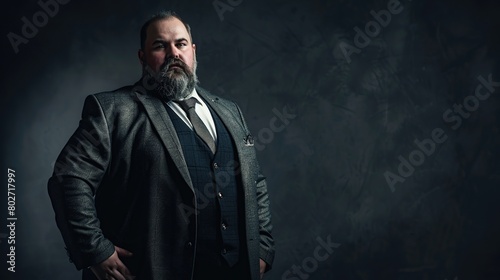 Fat chubby man with a beard in a three-piece suit on dark studio background, expensively dressed oligarch, tycoon, millionaire. copy space for text.