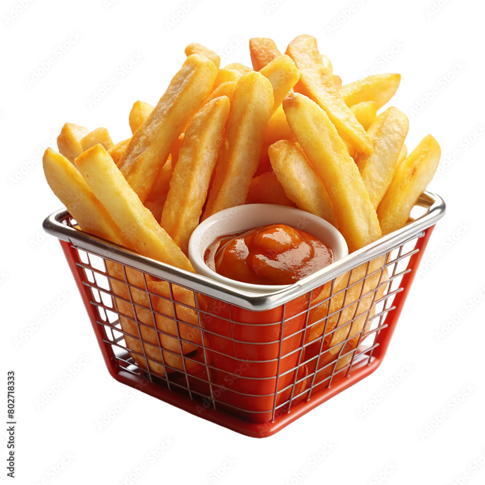 A red basket on French fries isolated on transparent background. A red basket on French fries isolated on transparent background.