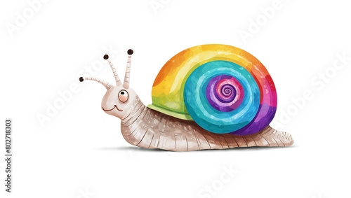 Digital art of a snail with a distinct rainbow-colored shell standing out on a white background photo