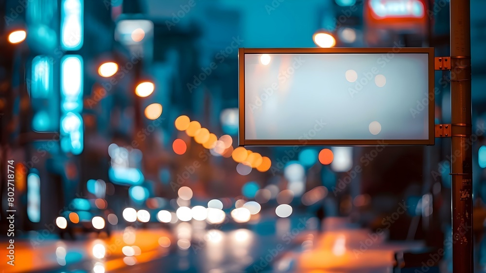 Fototapeta premium Blurred city street background with focus on mockup banner billboard placement . Concept City Street, Mockup Banner, Blurred Background, Outdoor Advertising, Street Marketing