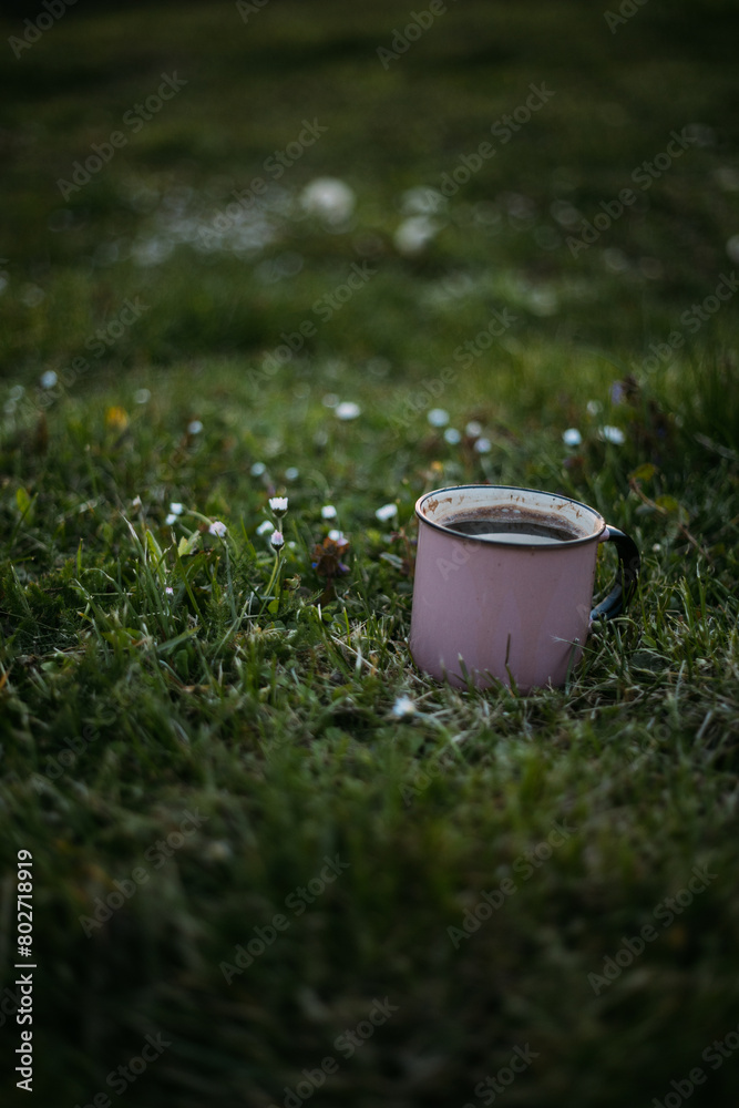 a cup of hot drink on a green lawn in the garden on a sunny day