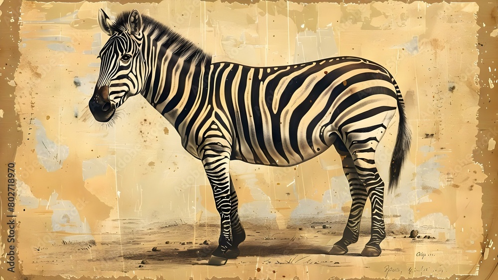 Fototapeta premium Antique Lithograph Featuring a Zebra or Plains Zebra. Concept Antique, Lithograph, Zebra, Plains Zebra
