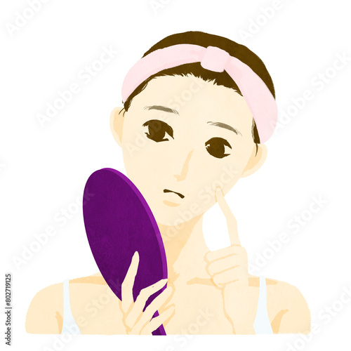 鏡を見て悩む女性のイラスト