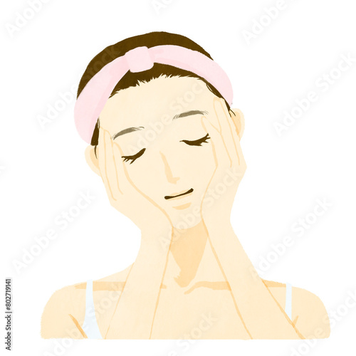 髪をアップにして顔を手で包んだ女性のイラスト