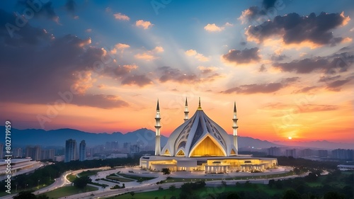  An aerial shot capturing the grandeur of Faisal Mosque against a vibrant sunset sky photo