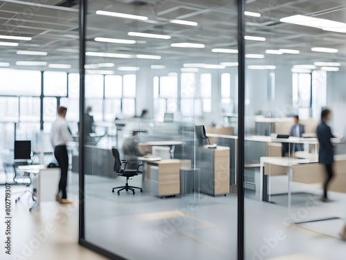 Modern office decoration  office staff moving rapidly behind glass walls  blurry feeling  abstract background of technology and business concepts