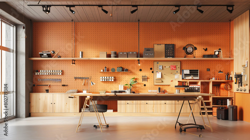 Interior of modern office with workplace peg board and photo