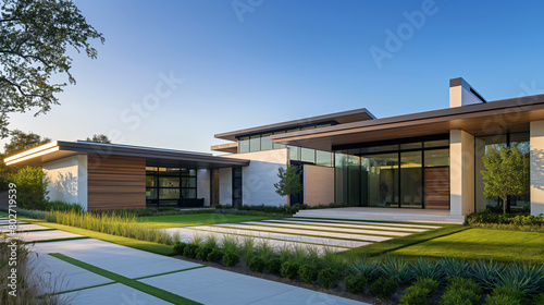 Twilight enhances the elegance of this modern luxury home featuring large windows and sophisticated architectural design