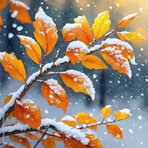 a mockup presenting an enchanting illustration of a branch with orange and yellow leaves, dusted with the first snow of late fall or early winter. The mockup should showcase the delicate balance betwe photo