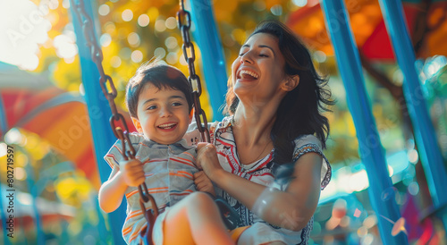 a happy mother and son playing on the playground, holding onto each other with smiles, capturing their joyful expressions as they enjoy time together at an outdoor park or amusement center. photo