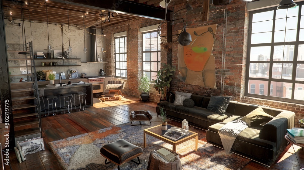 Urban loft-style living room for a young individual, featuring exposed brick walls, open floor plan, and high ceilings, capturing a modern city vibe
