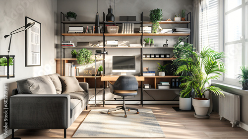Interior of room with modern workplace shelf unit and