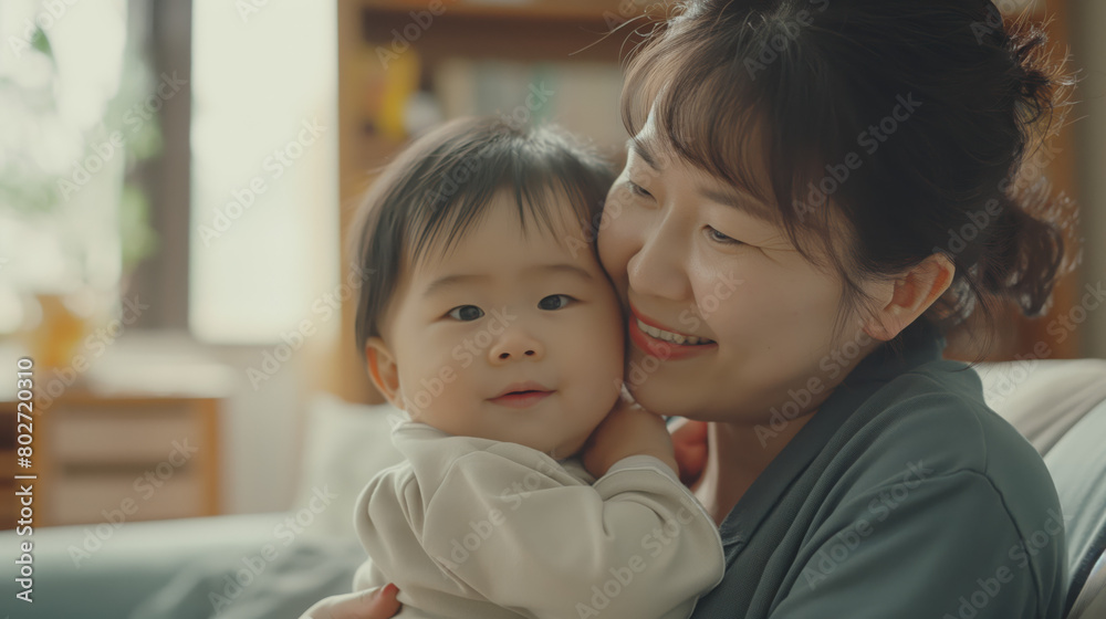 A warm portrait of a smiling Asian mother holding her happy toddler indoors, suggesting family love and comfort