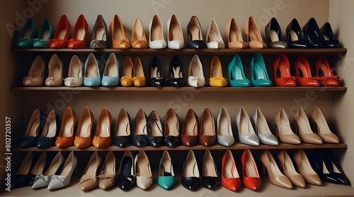 Different stylish women's shoes on shelving unit.generative.ai