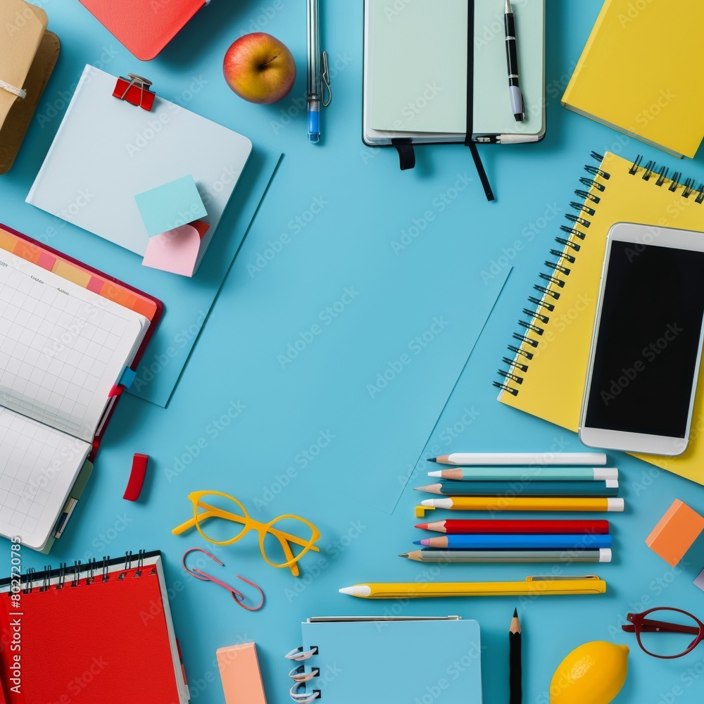 Overhead shot of a study table with scattered stationery textbooks Overhead shot of a study table with scattered stationery textbooks