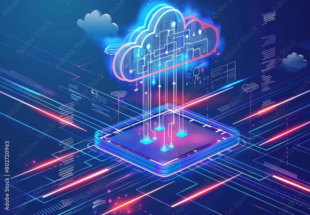Cloud connection, data transfer, business communication on social network, server, storage, internet security: essential elements of cloud computing concept Cloud connection, data transfer, business communication on social network, server, storage, internet security: essential elements of cloud computing concept