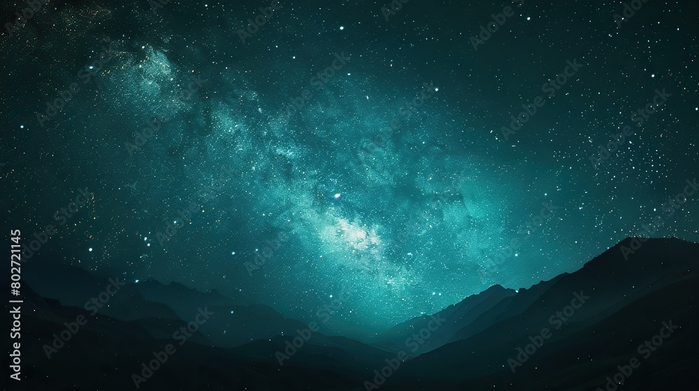 Illustration of a starry night and Milky Way over a mountainous backdrop