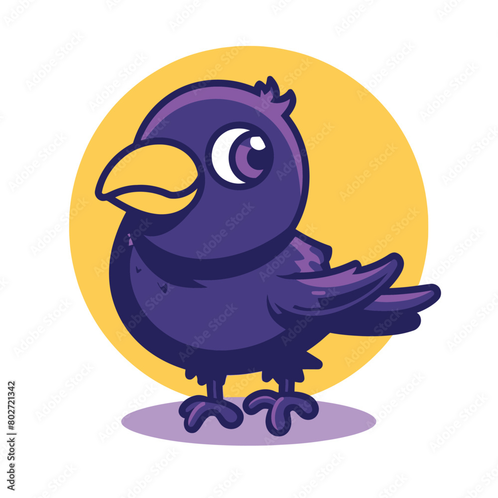 Flat Logo Of Cute Common Raven Cartoon Vector Icon Illustration, Bird Nature Icon Concept Isolated Premium Vector