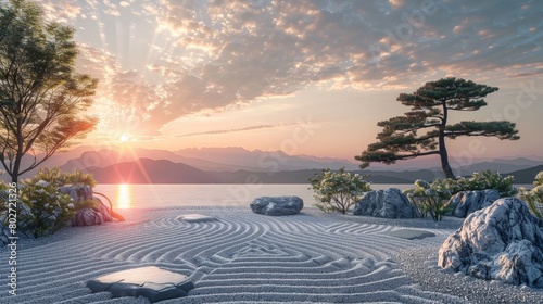 Minimalist Nature Zen Garden: A 3D illustration of a zen garden with minimalist feature