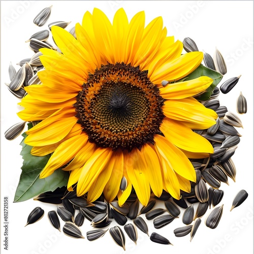 sunflower on white background, Black Sunflower Seeds around sunflower Decorative Illustration
