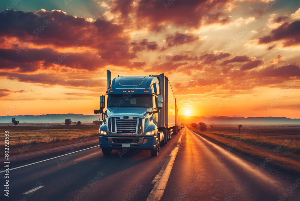 A lone truck travels down a highway towards a colorful sunset. The sky is ablaze with orange, pink, and purple hues, casting a long shadow of the truck on the road ahead.