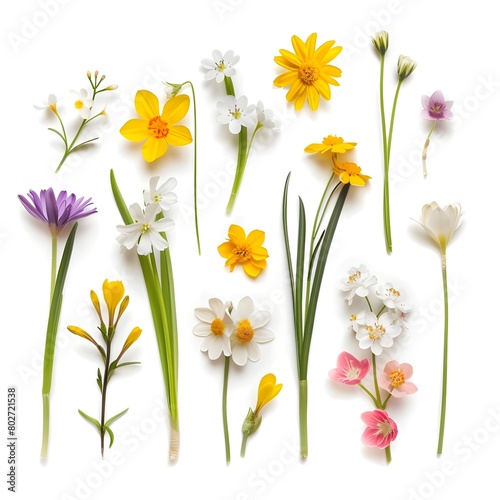 bunch of yellow, white and purple  flowers on white background,  Colorful Spring Flowers