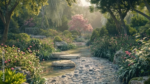 A serene scene of a secluded garden, with a meandering path and a tranquil water feature, offering a peaceful sanctuary for mindful exploration on World Sauntering Day. photo