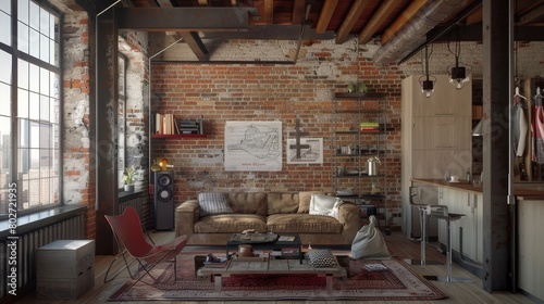 Youthful and modern living room in industrial style, featuring bare brick walls, metal shelving units, and raw, textured surfaces