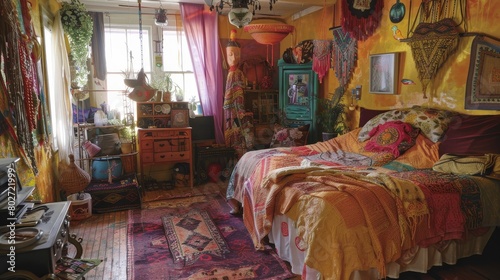 Youthful and unique Bohemian room, filled with eclectic decor, colorful art pieces, and vintage furniture, reflecting a free-spirited lifestyle © Paul