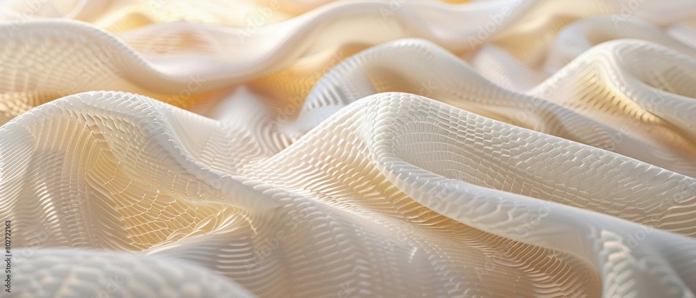 A white fabric with a pattern of a wave , golden A white fabric with a pattern of a wave , golden