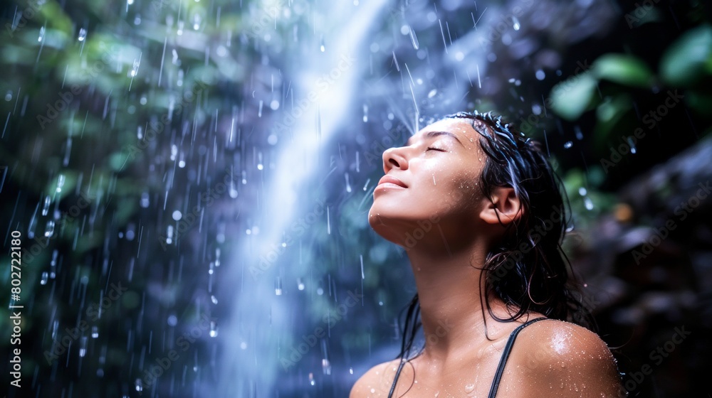 Serene Young Woman Enjoying a Refreshing Waterfall Shower in a Lush Tropical Forest Serene Young Woman Enjoying a Refreshing Waterfall Shower in a Lush Tropical Forest