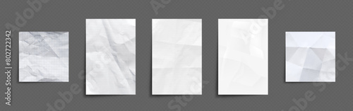 Crumpled and wrinkled white paper mockup. Realistic vector illustration set of creased blank vertical sheet. Empty rough folded cardboard banner template with rumpled surface. Puckered page. photo