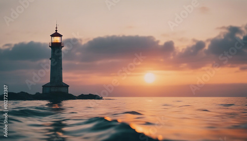 lighthouse in the middle of the sea, sunset colors and little wavy sea 