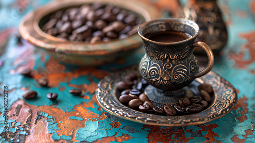 Jezve with delicious turkish coffee and plate of beans © Rimsha