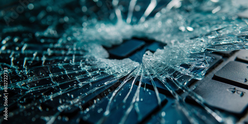 close up of computer circuit board, a shattered computer screen, with cracks radiating from the impact point, depicting the aftermath of a dropped or mishandled laptop, with fragments of glass scatter photo