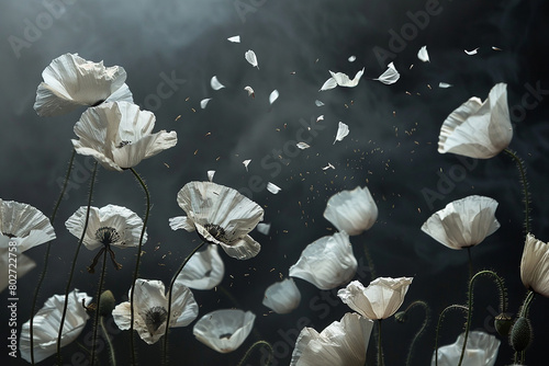 A dynamic composition featuring cascading poppy seeds captured in mid-air against a dark, dramatic backdrop.