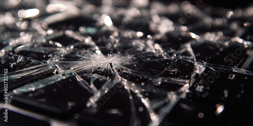 a shattered computer screen, with cracks radiating from the impact point, depicting the aftermath of a dropped or mishandled laptop, with fragments of glass scattered across the keyboard