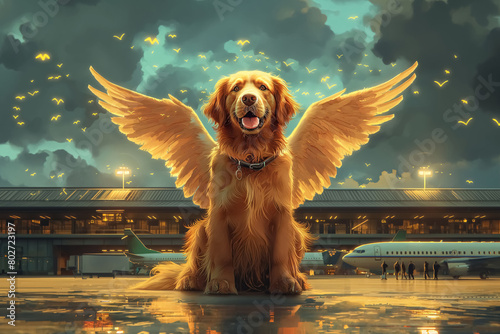 Dog with wings representing dog lives lost during transportation in a cargo area of an airplane photo