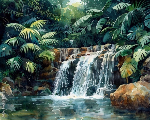 A watercolor painting of a lush rainforest waterfall  with vibrant greens and tranquil water elements in the background