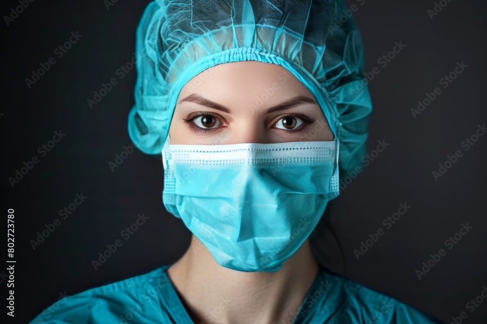 Female Health Professional in Blue Scrubs and Surgical Mask Against a Dark Background Female Health Professional in Blue Scrubs and Surgical Mask Against a Dark Background