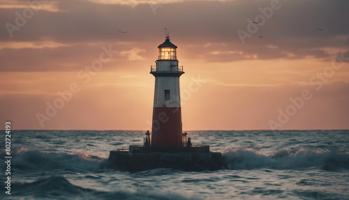 lighthouse in the middle of the sea  sunset colors and little wavy sea 