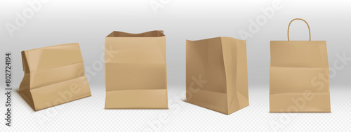 Craft brown paper bags mockup. Realistic vector illustration set of takeaway and food shopping package with and without handles. Blank grocery kraft packet template. Empty supermarket paperbag.